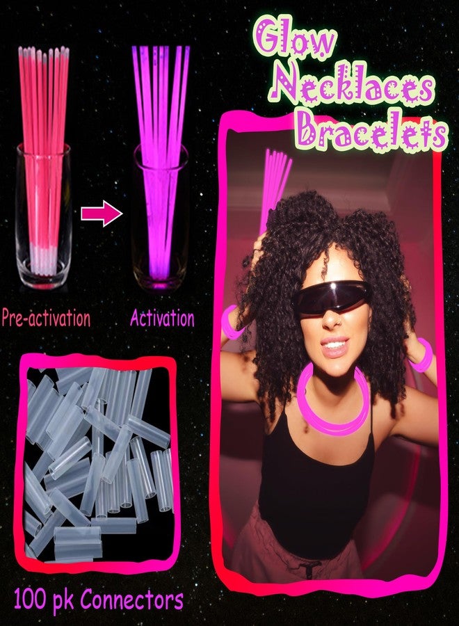 ILHSTY 100 pk 8'' Pink Glow Sticks Glow Necklaces In The Dark Party Favors Supplies Bright GlowSticks Bulk for Birthday Valentine Carnival Christmas Halloween 4th of July Neon Party (Pink*100) - Image 2